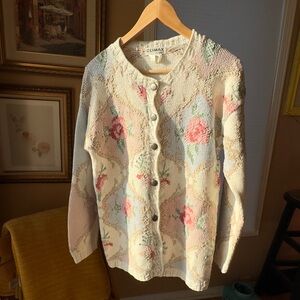 Vintage Boho Floral Knit Granny Cardigan Size Medium in Cream, Pink, Tan & Blue